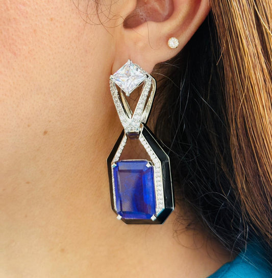 Zircon Studded Purple Stone Earrings with Black Enamel Accent