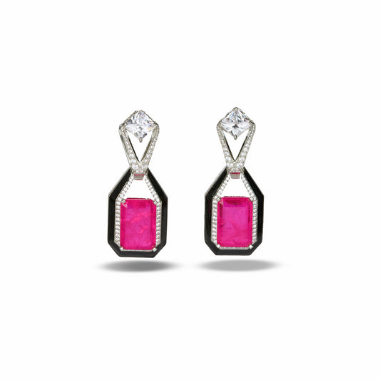 Zircon Studded Pink Stone Earrings with Black Enamel Accent