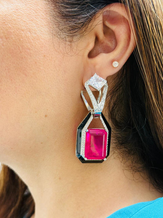 Zircon Studded Pink Stone Earrings with Black Enamel Accent