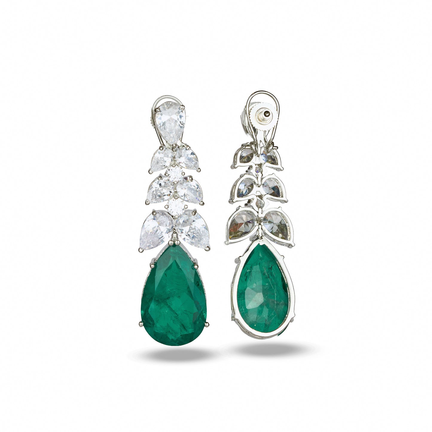 Emerald Studded Earrings with Zircon Leaf Accents