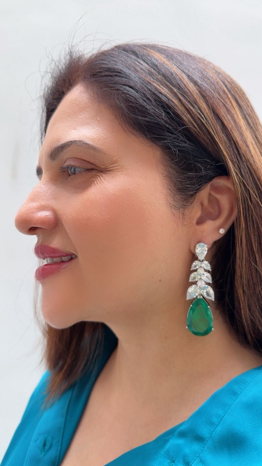 Emerald Studded Earrings with Zircon Leaf Accents
