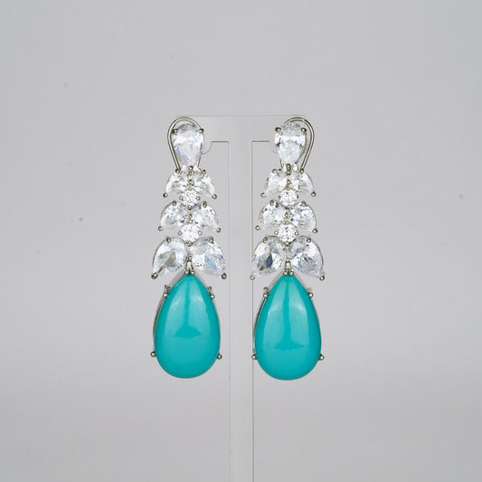 Turquoise Studded Earrings with Zircon Leaf Accents