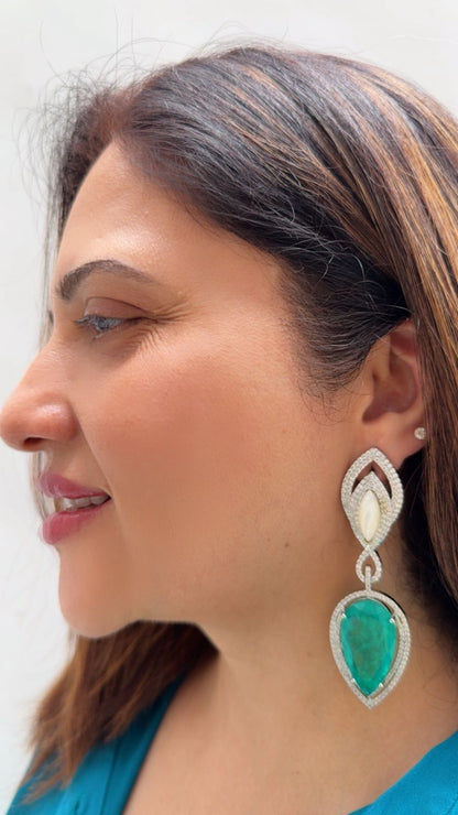 Aqua Crystal Earrings with Zircon and Pearl Accents