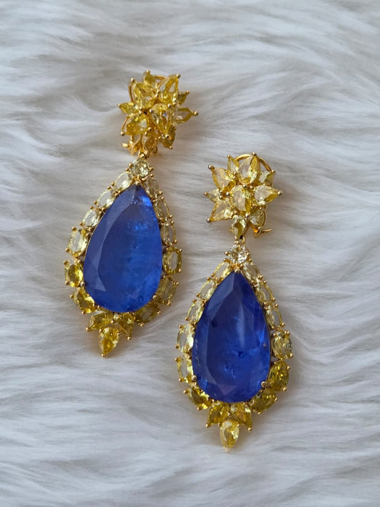 Gold Finish Deep Blue Zircon Danglers