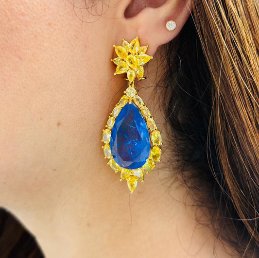 Gold Finish Deep Blue Zircon Danglers