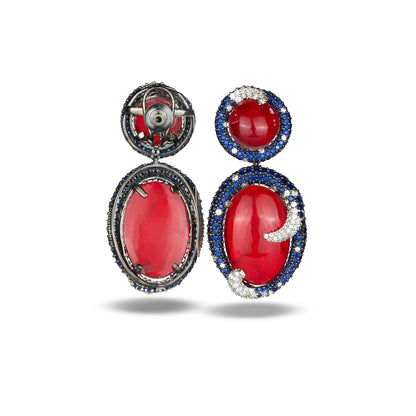Red Crystal Earrings with Blue Stone Accents