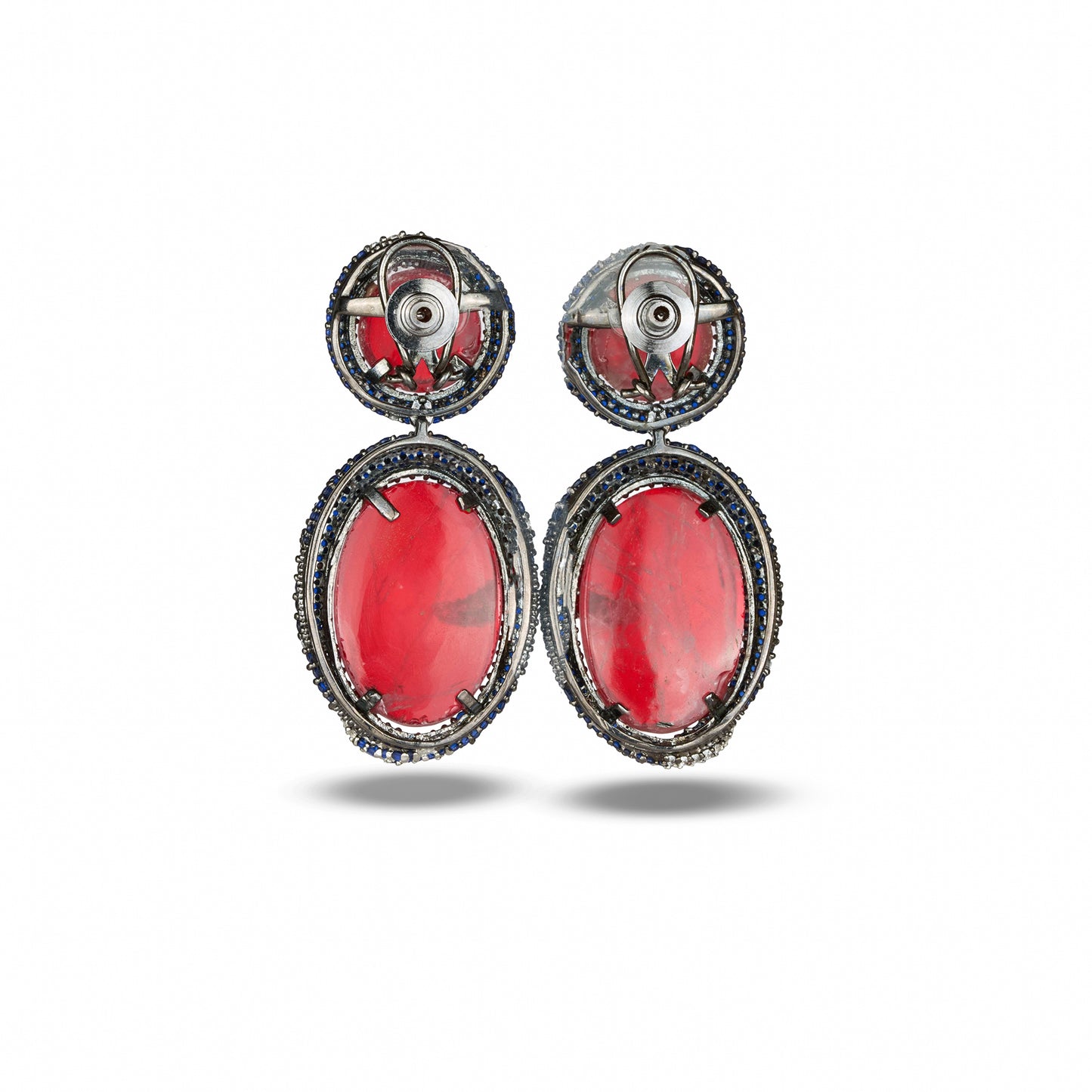 Red Crystal Earrings with Blue Stone Accents