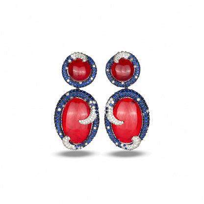 Red Crystal Earrings with Blue Stone Accents