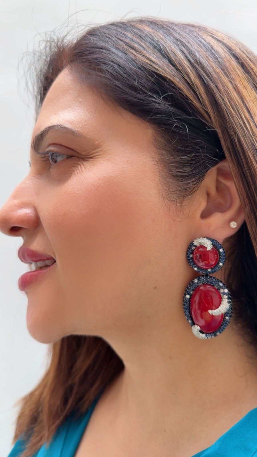 Red Crystal Earrings with Blue Stone Accents