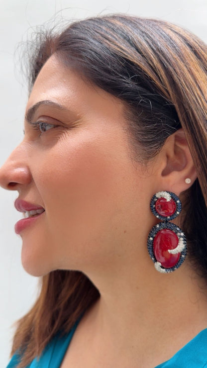Red Crystal Earrings with Blue Stone Accents