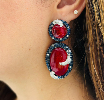 Red Crystal Earrings with Blue Stone Accents