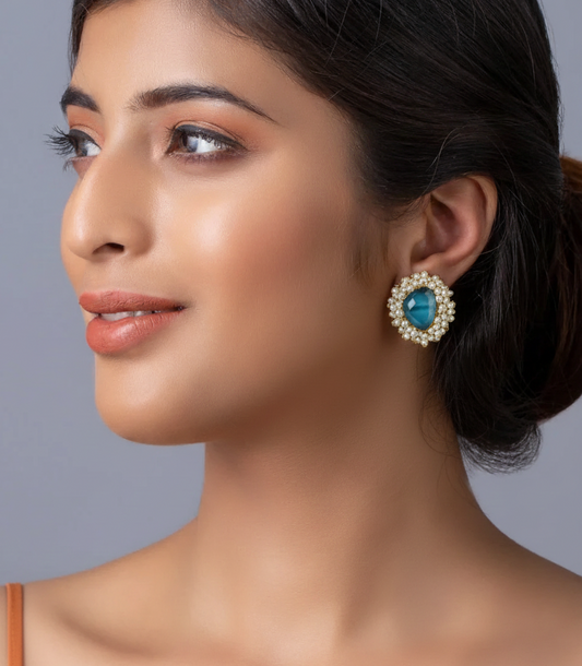 Blue Stone & Pearl Cluster Stud Earrings