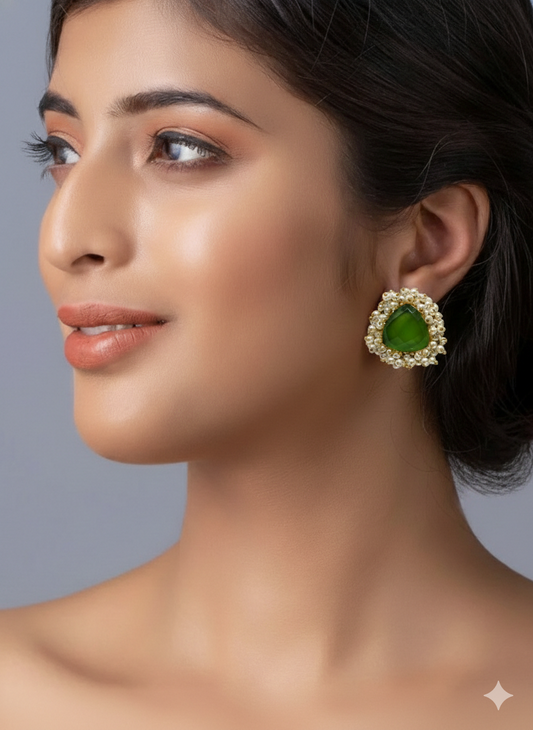 Green Stone & Pearl Cluster Stud Earrings