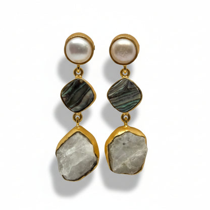 Pearl & Abalone Shell Gold Finish Drop Earrings