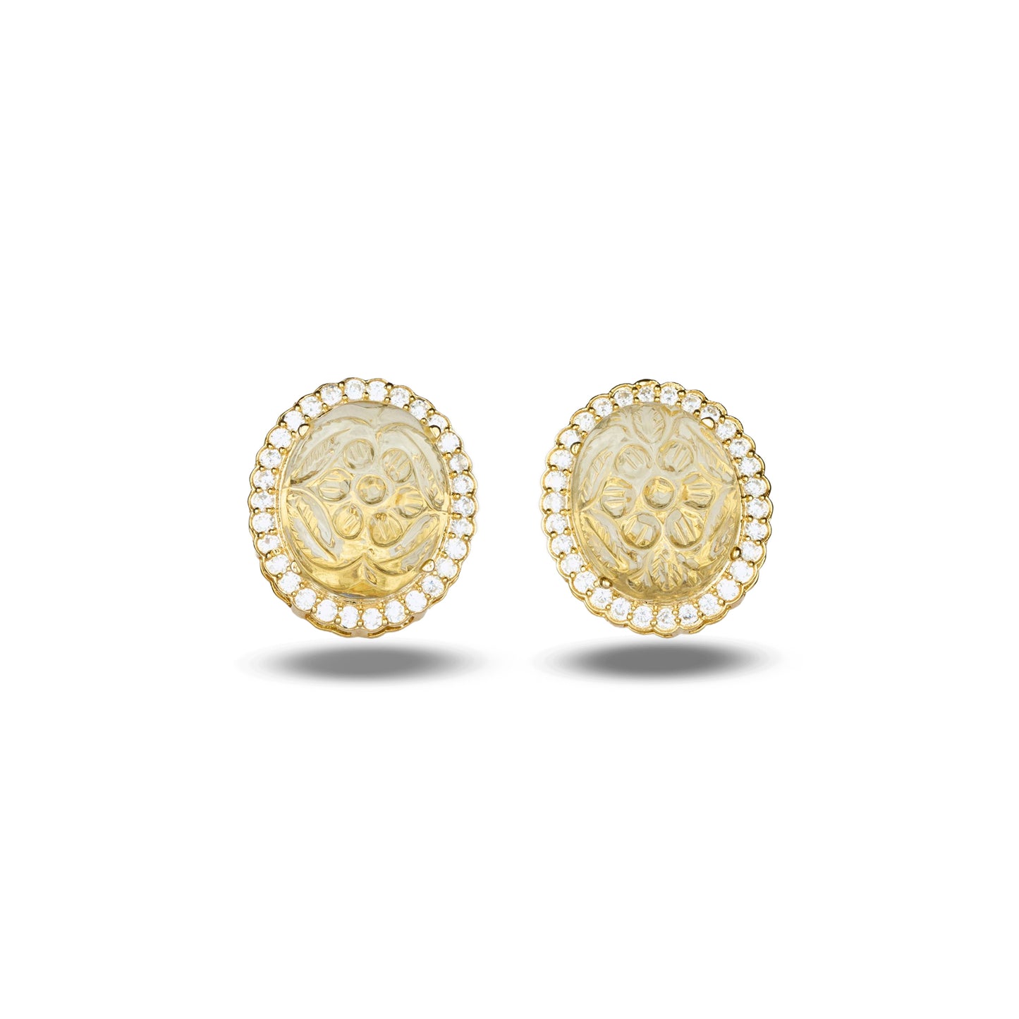 Carved Yellow Stone Zircon Accented Studs