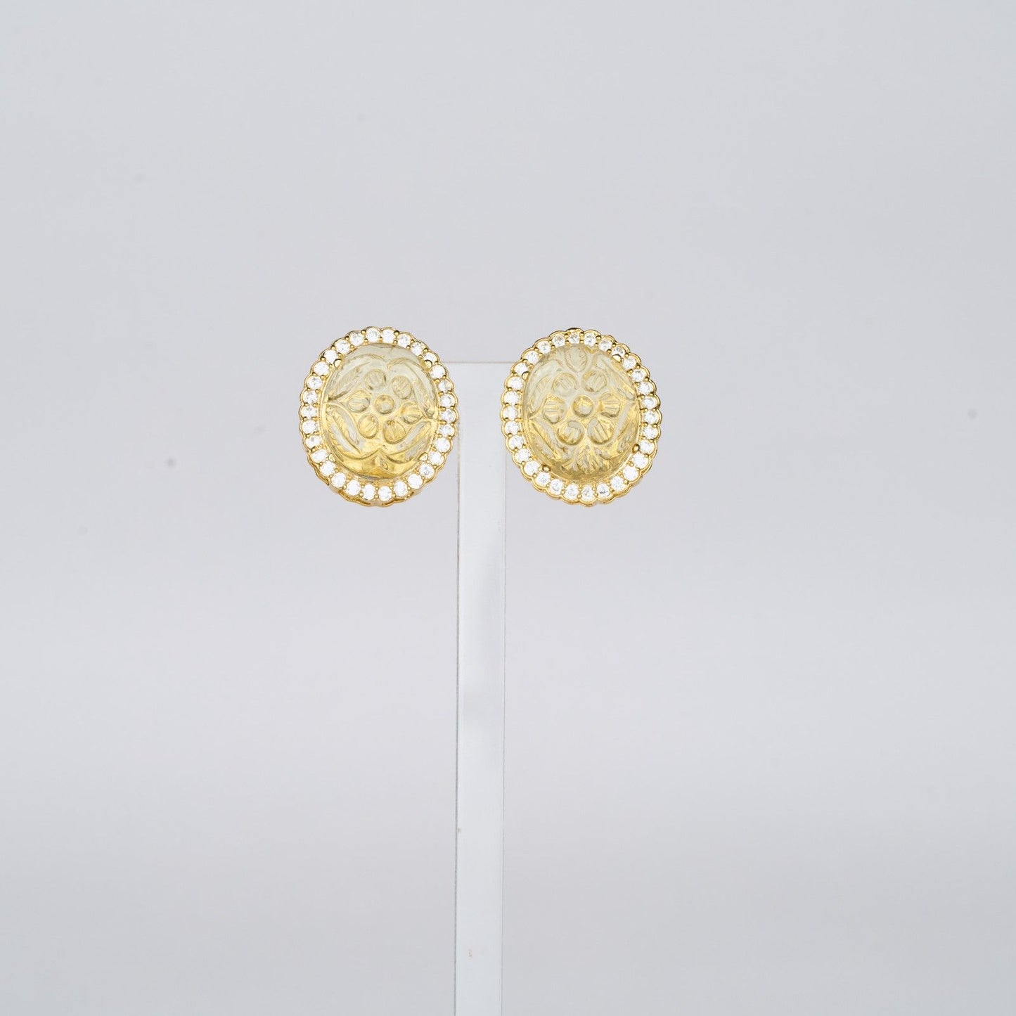 Carved Yellow Stone Zircon Accented Studs