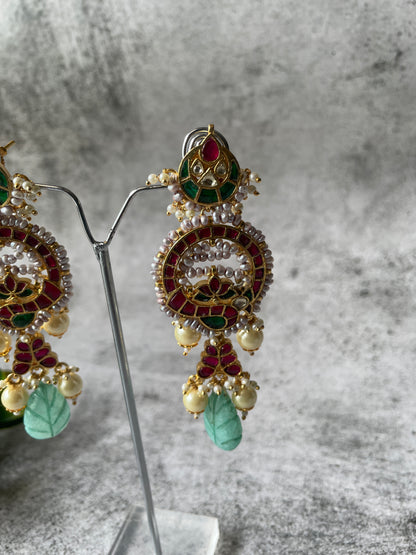 Minimal Earring Studded with Kundan, Pearls and Aqua Dangling Bead