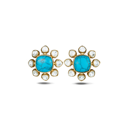 Turquoise Studs with Floral Polki Accents