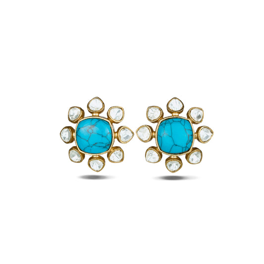 Turquoise Studs with Floral Polki Accents