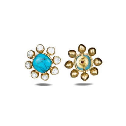 Turquoise Studs with Floral Polki Accents