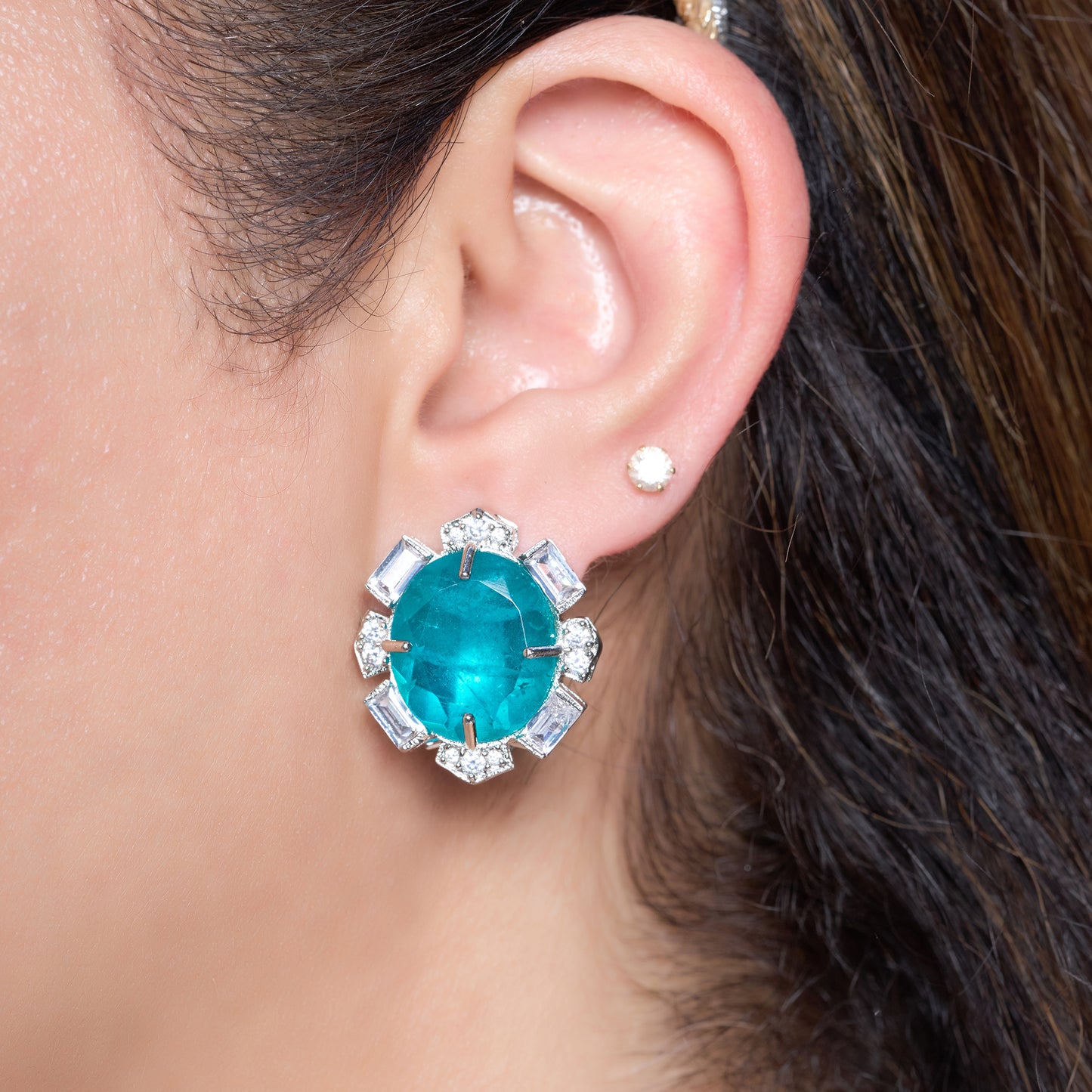Blue Stone Crystal Halo Studs