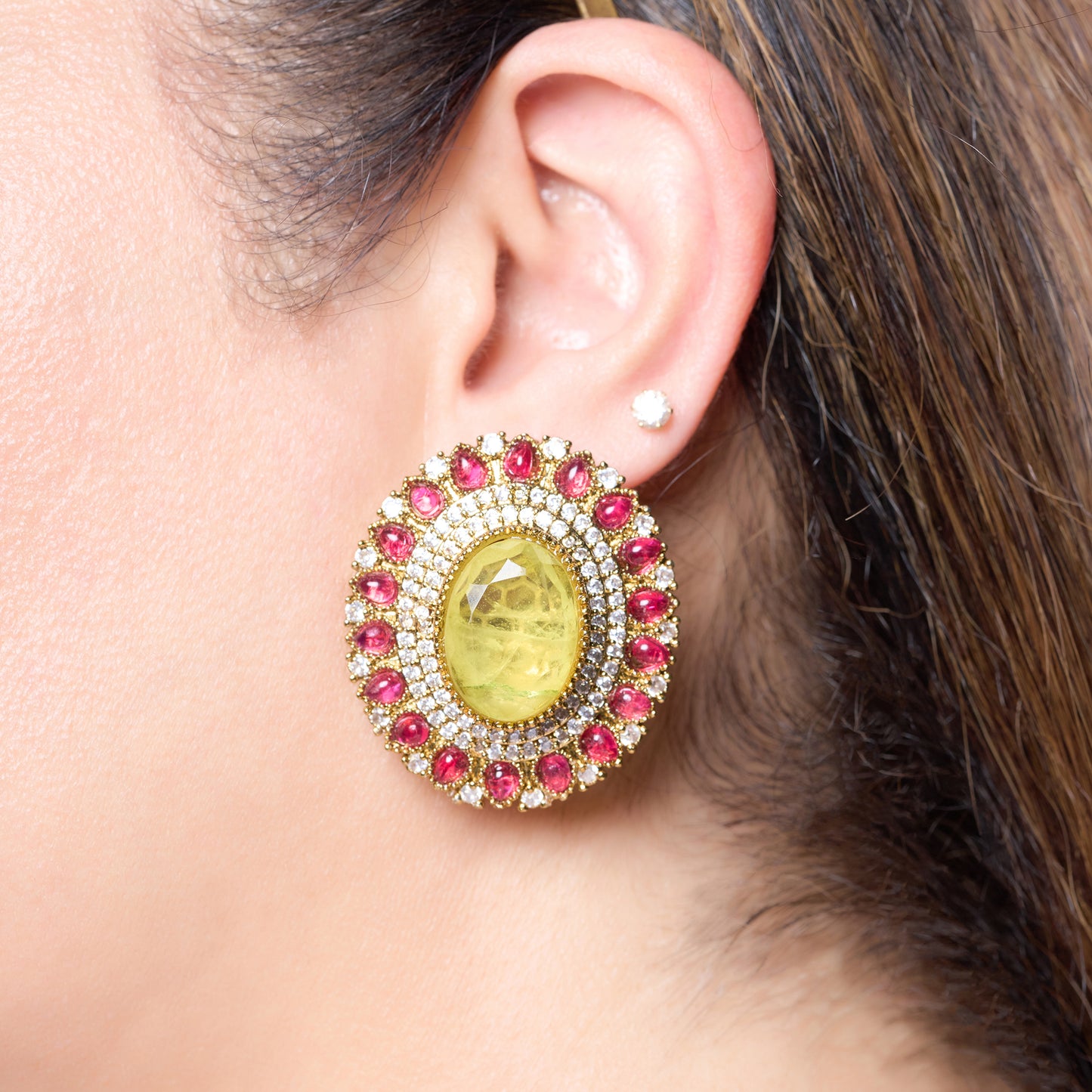 Yellow Doublet Crystal Studs with Red Stone Accents