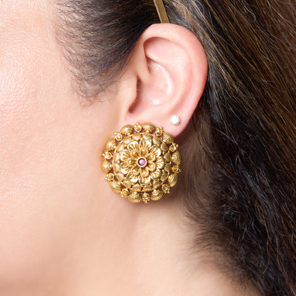Gold Plated Mandala Floral Stud Earrings In Green Stone