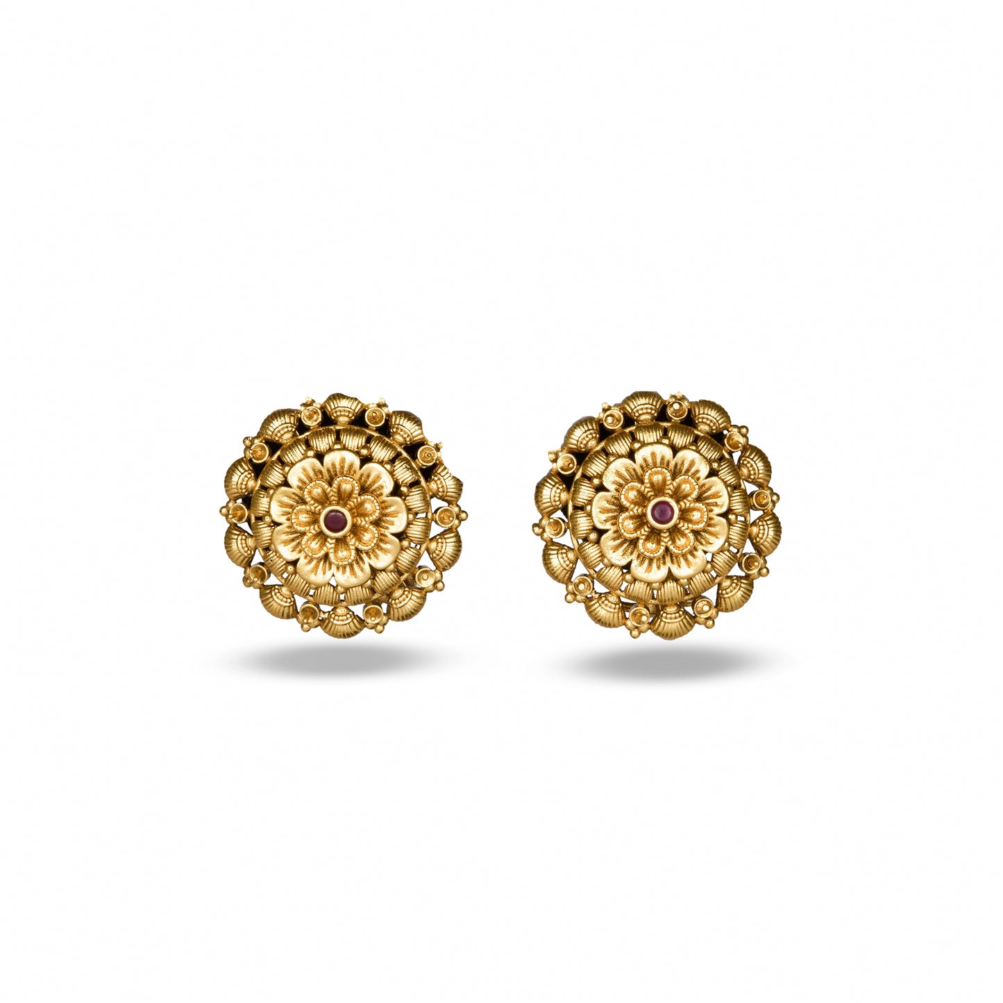 Gold Plated Mandala Floral Stud Earrings In Green Stone