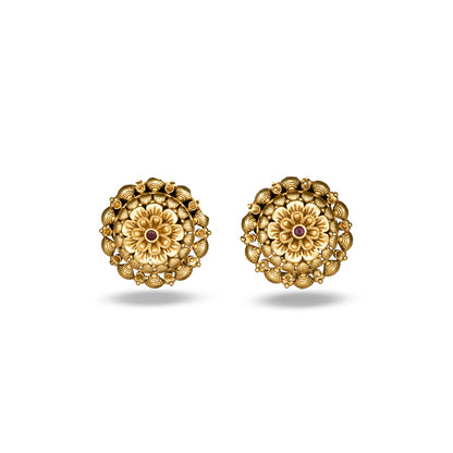 Gold Plated Mandala Floral Stud Earrings In Green Stone