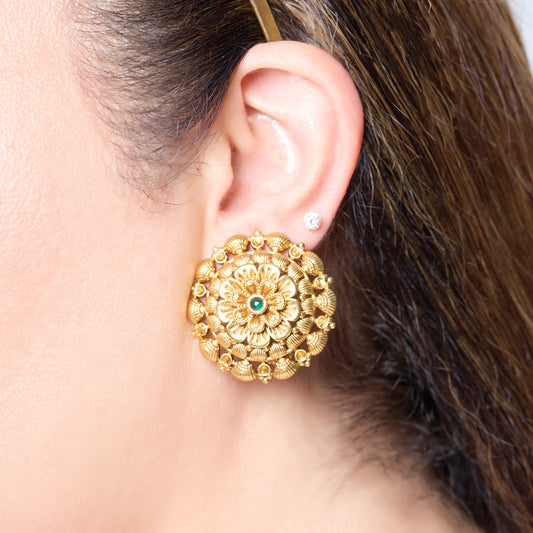 Gold Plated Mandala Floral Stud Earrings In Green Stone