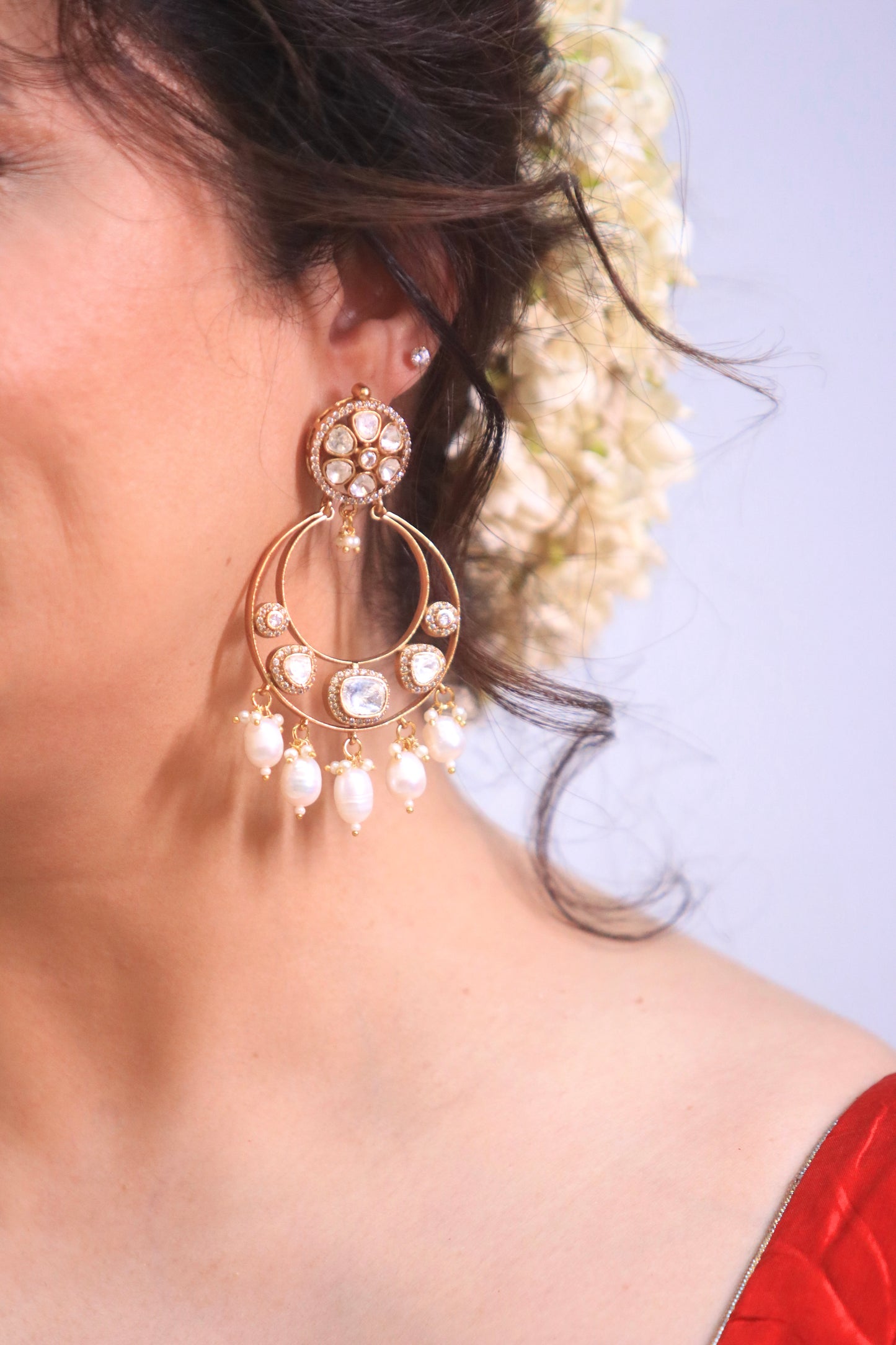 Gold Finish Kundan and Pearl Utsav Chandbaali with Faux Diamond Accents