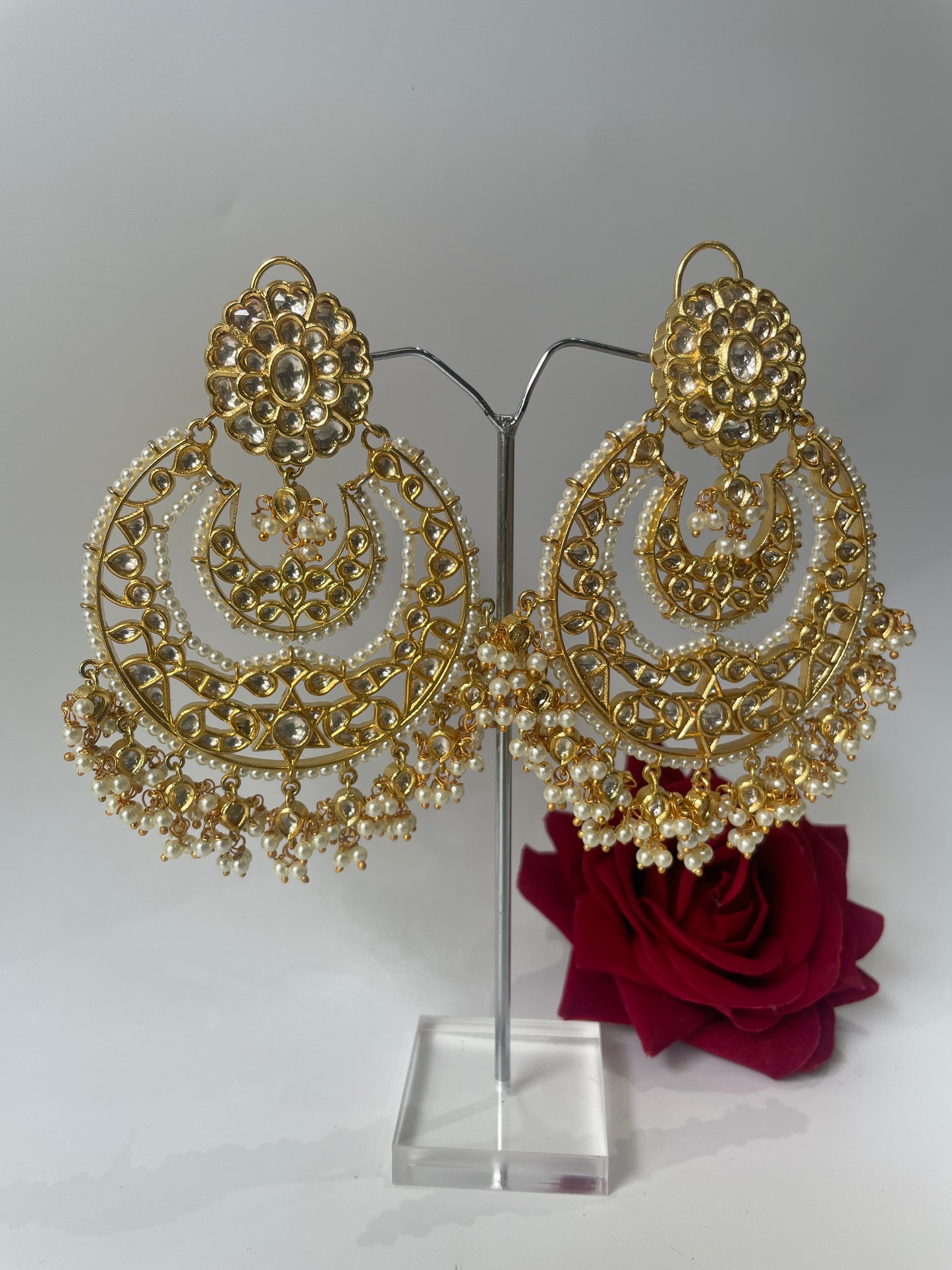Gold Finish Kundan and Pearl Utsav Chaandbaalis