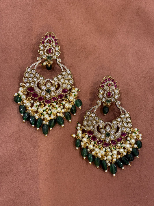 Polki Chaandbaalis with Green Beads