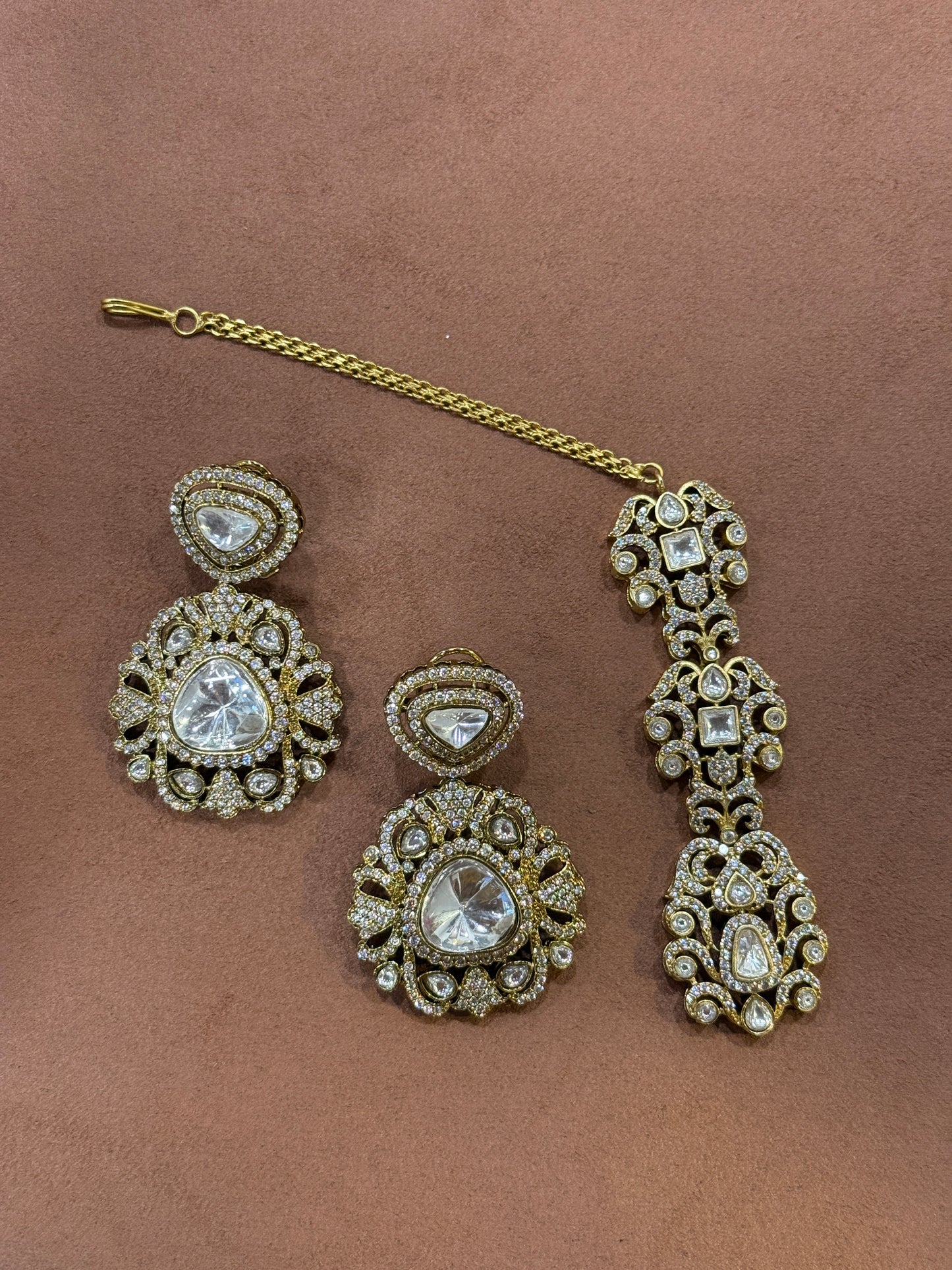 Polki Earrings and Maang Tikka Set with Studded Accents