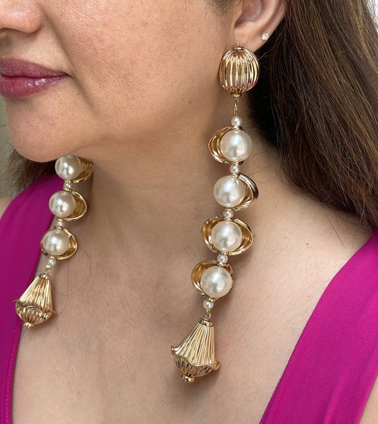 Long and Bold Shell Pearl Dangler Earrings