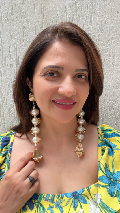 Long and Bold Shell Pearl Dangler Earrings