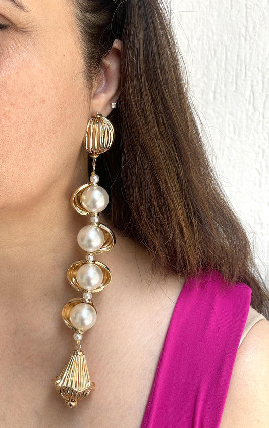 Long and Bold Shell Pearl Dangler Earrings