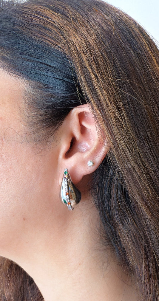 Silver Tear Drop Stud Earrings with Colored Zircon