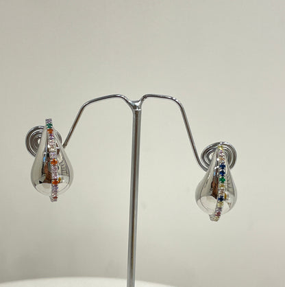 Silver Tear Drop Stud Earrings with Colored Zircon