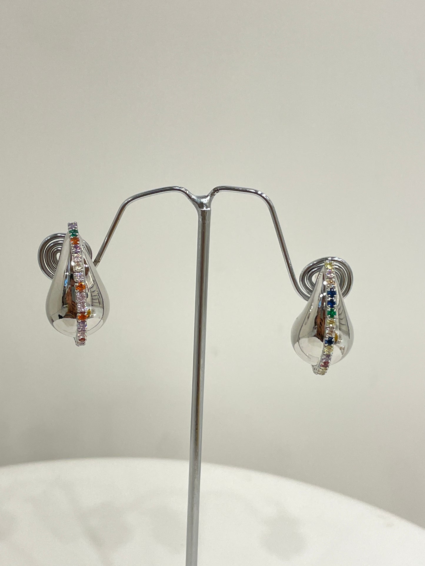 Silver Tear Drop Stud Earrings with Colored Zircon