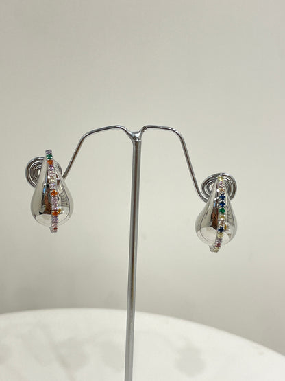 Silver Tear Drop Stud Earrings with Colored Zircon