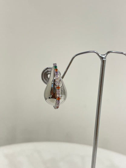 Silver Tear Drop Stud Earrings with Colored Zircon