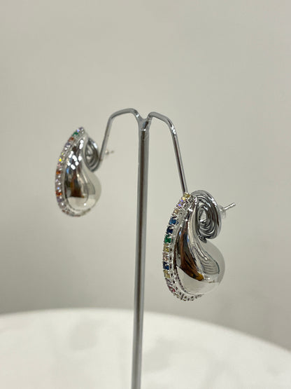 Silver Tear Drop Stud Earrings with Colored Zircon