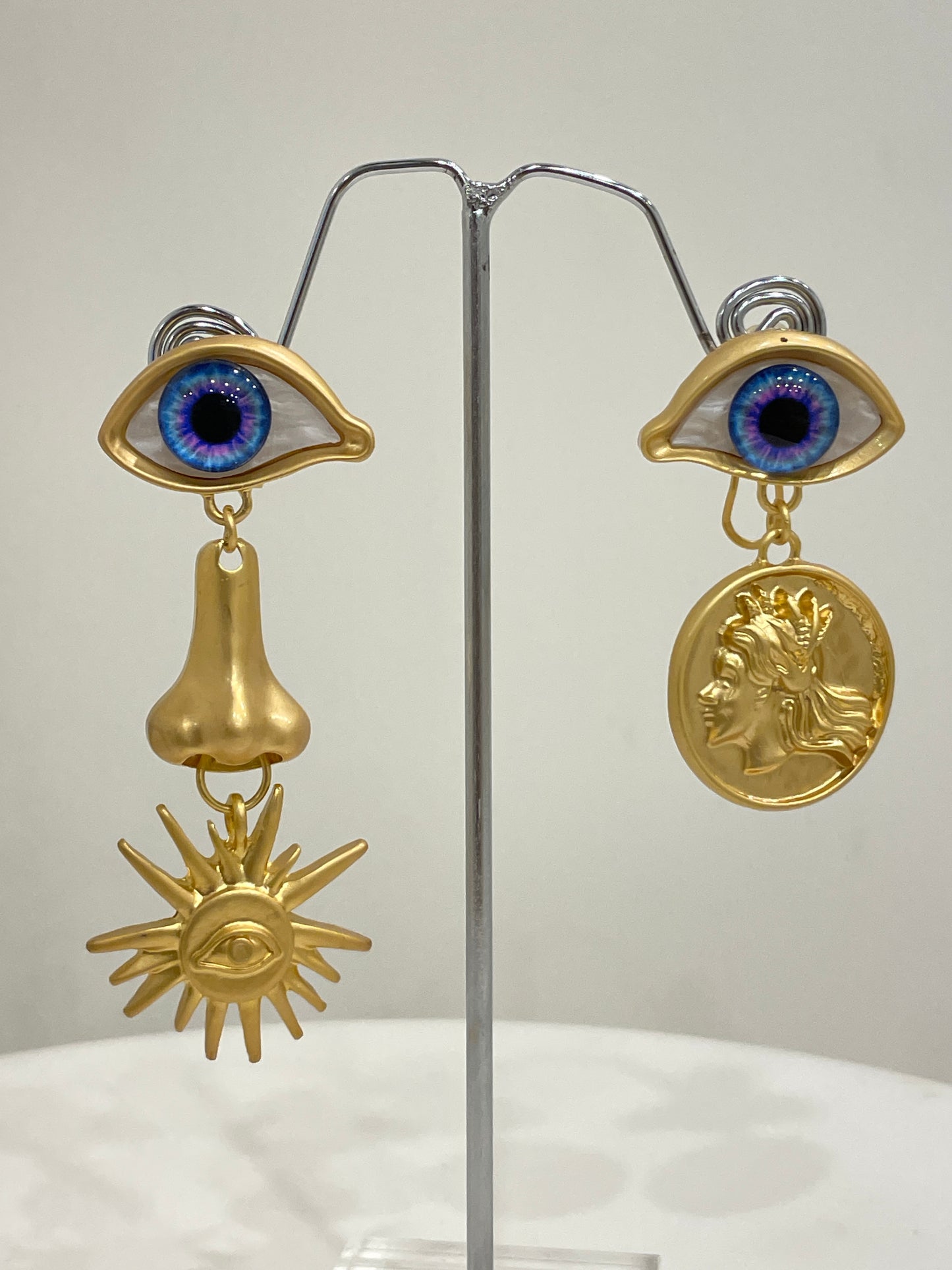 Mismatched Evil Eye Drop Earrings in Organic Shapes