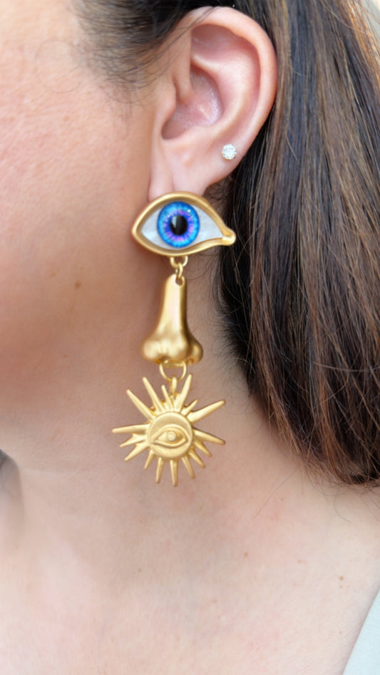 Mismatched Evil Eye Drop Earrings in Organic Shapes