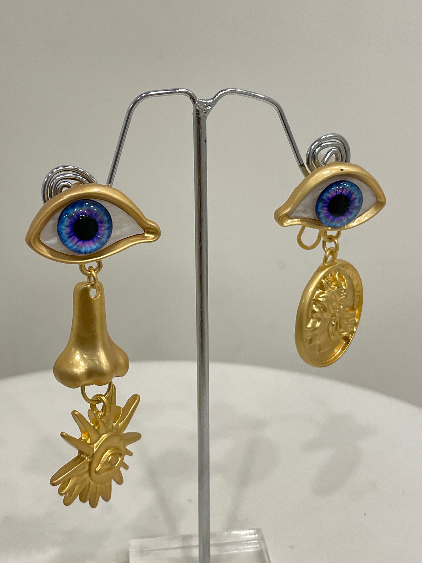 Mismatched Evil Eye Drop Earrings in Organic Shapes