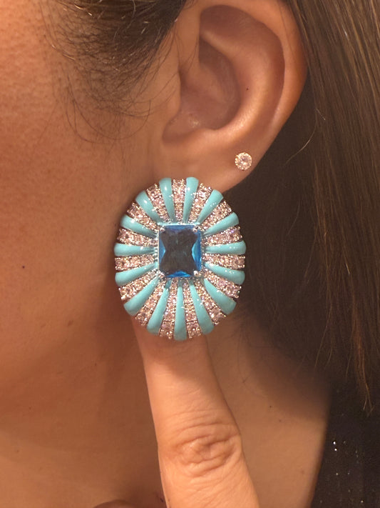 Enamelled Studs with Faux Diamond Accents and Blue Center Stone