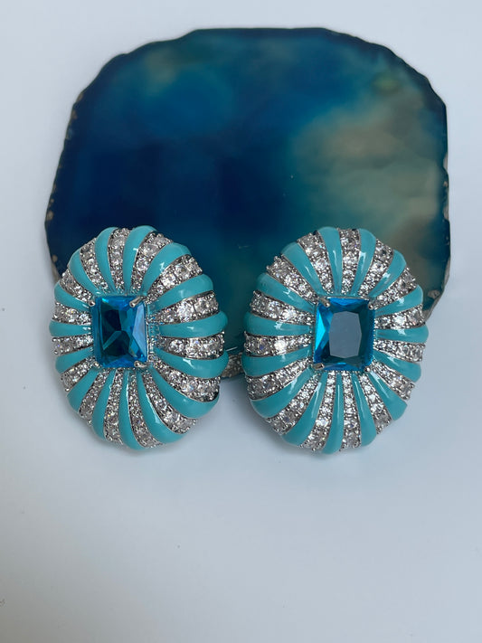 Enamelled Studs with Faux Diamond Accents and Blue Center Stone