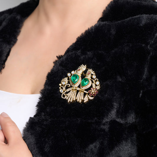 Gold Plated Bird Motif Brooch with Green Emerald stone in center