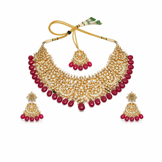 Ethnic Kundan Set with Red Beads and Maang Tikka